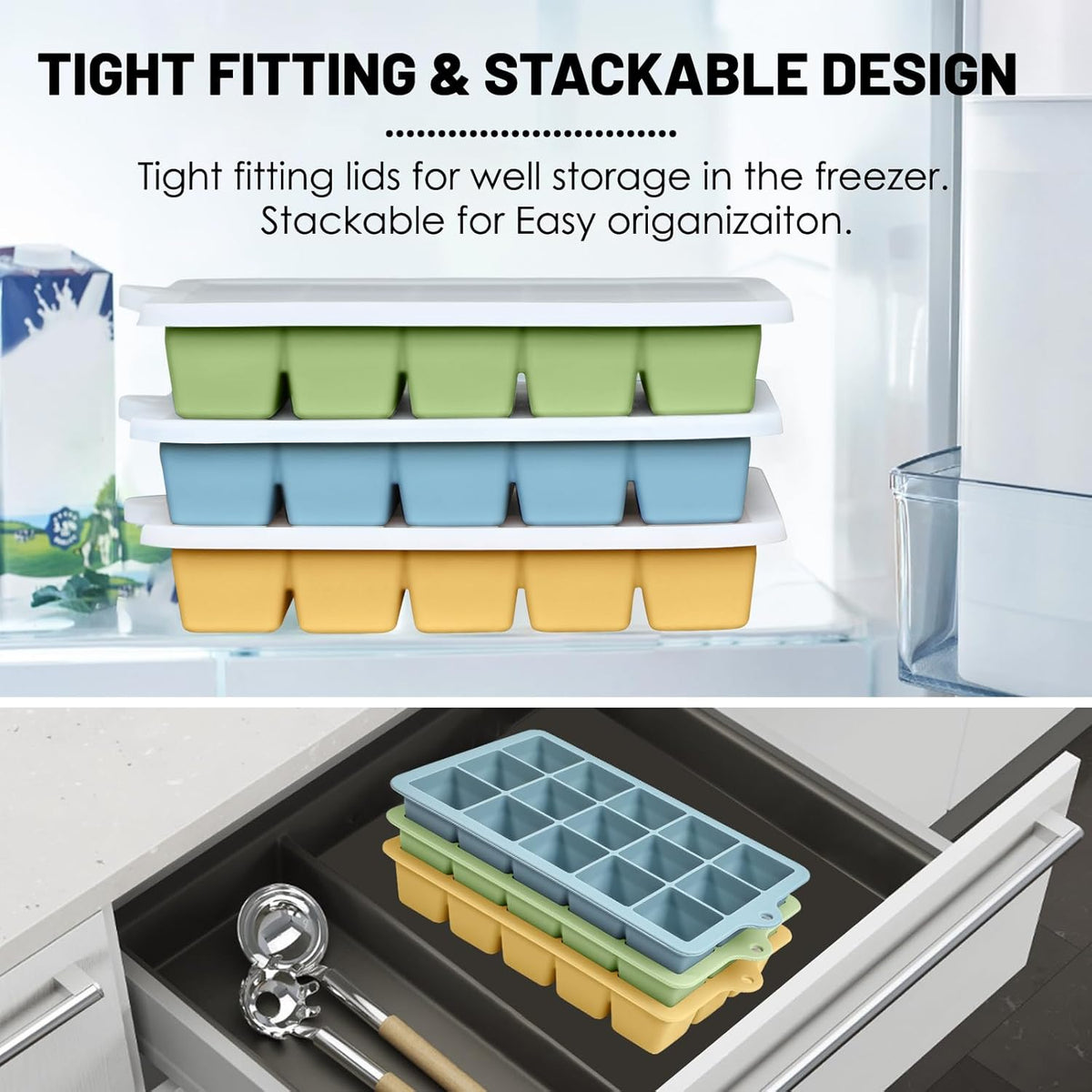 Silicone Ice Cube Trays 3Packs, Easy Release Ice Cube Molds with Lid, Freezer Stackable Ice Maker