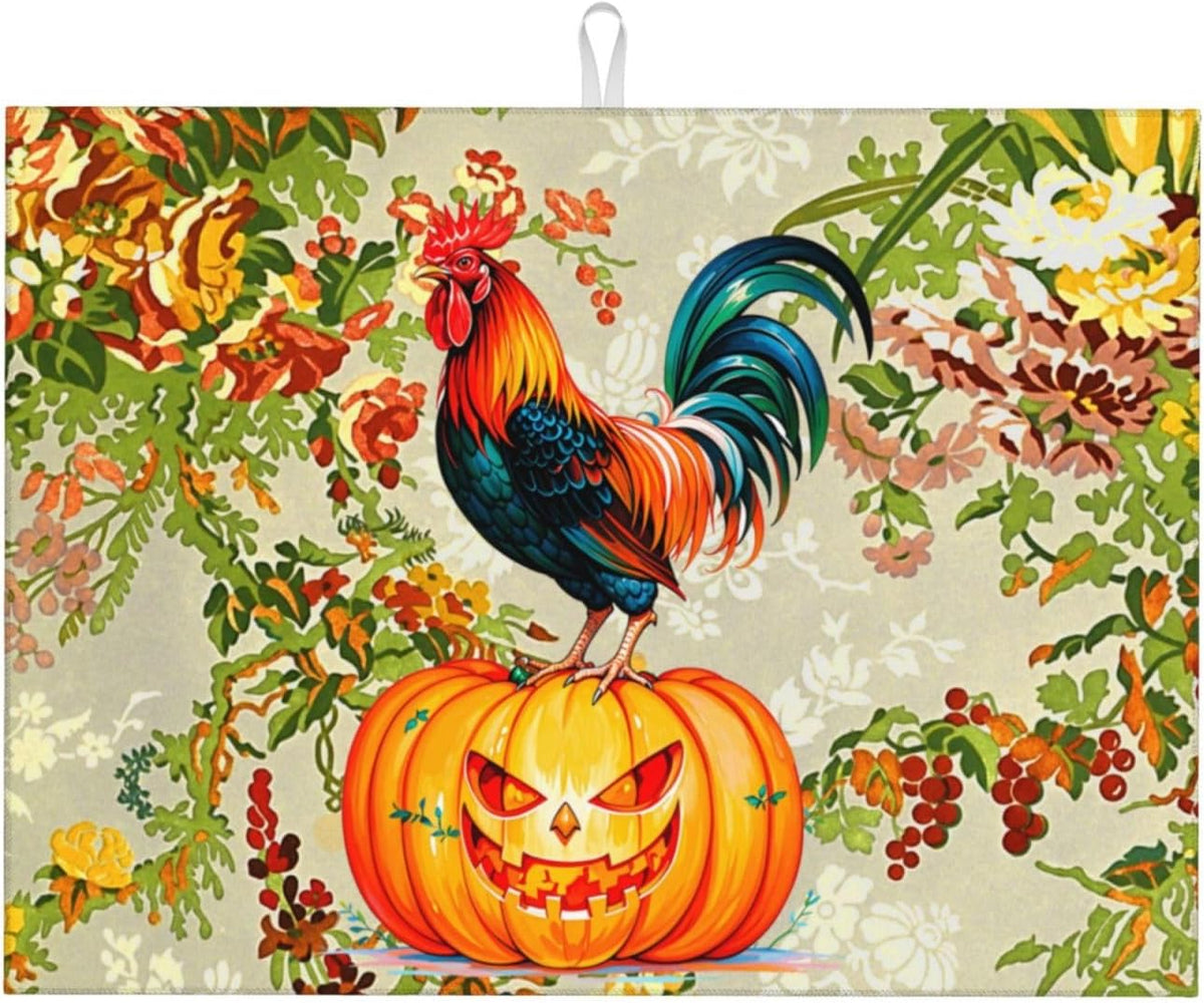 Rooster Pumpkin Dish Drying Mat Highly Absorbent Double-Sided Microfiber with Hanging Loop