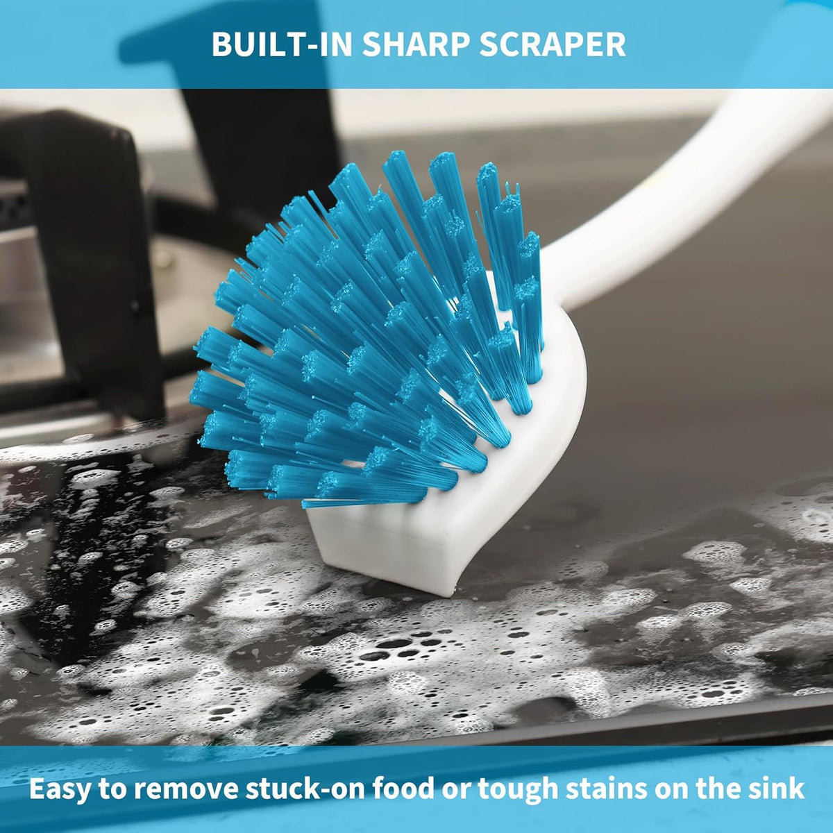 Dish Brush with Handle, 2 Pack Scrub Brushes with Built-in Scraper for Cleaning Kitchen, Pots, Pans