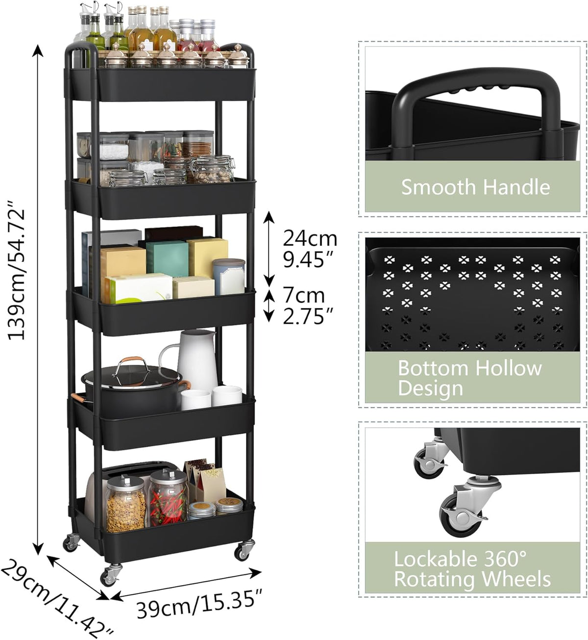 Sywhitta 5-Tier Plastic Rolling Utility Cart with Handle, Multi-Functional Storage Trolley for