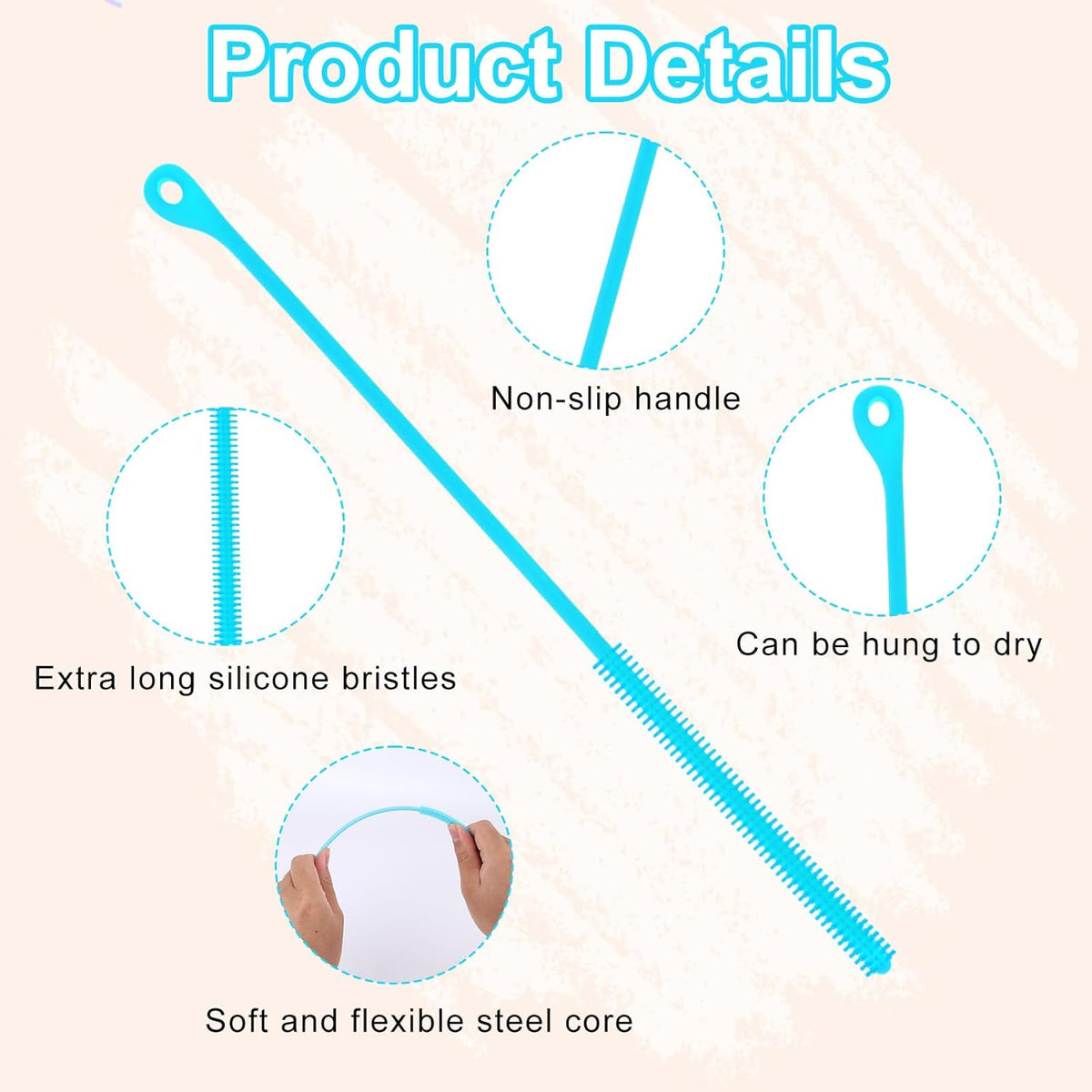 2pcs Silicone Straw Cleaning Brush, Straw Brushes Bristles Cleaner Brush Extra Long Straws Cleaner