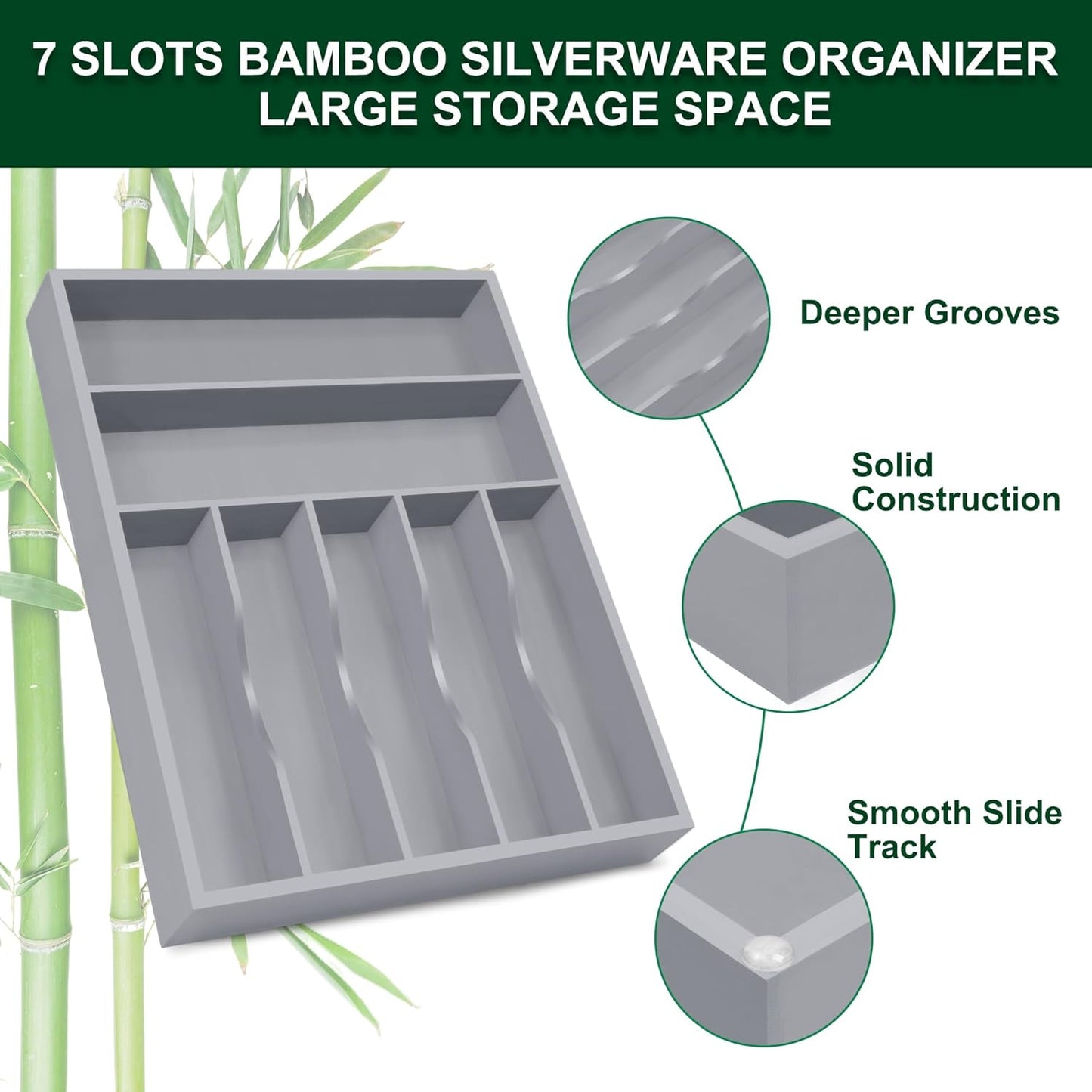 Bellsal Grey Utensil Organizer 12.5 Inch Silverware Tray for Drawer Utensil Holder Cutlery