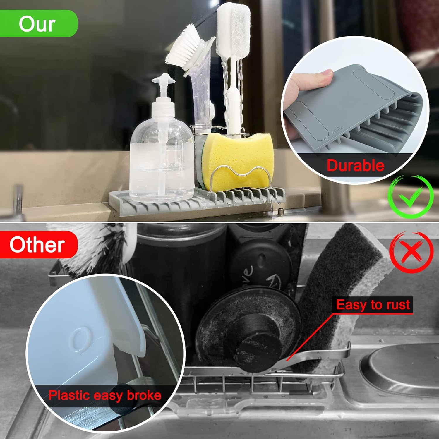 Sponge holder for kitchen sink caddy accessories gadgets, dish soap brush holder for sink