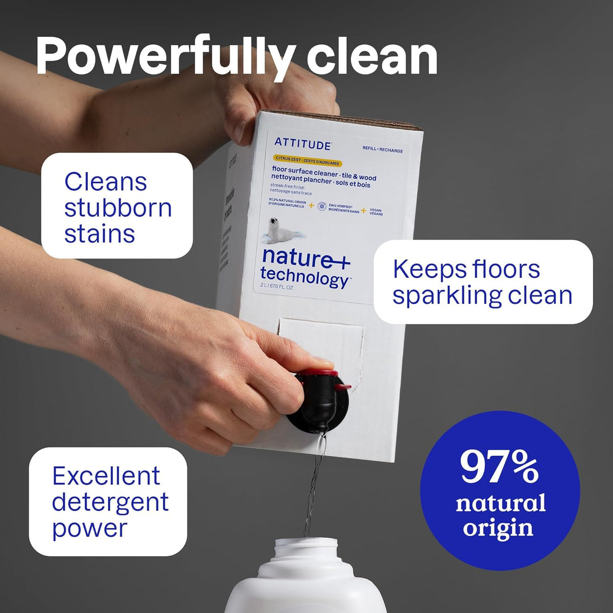 ATTITUDE Floor Cleaner Refill, EWG Verified, Streak-Free, Vegan & Plant-Based for Tile, Wood &