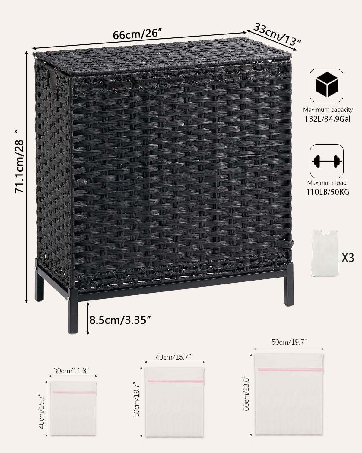 Laundry Hamper with Lid 132 L, (35 Gallons) Clothes Hamper with Lid, Handwoven Rattan Laundry