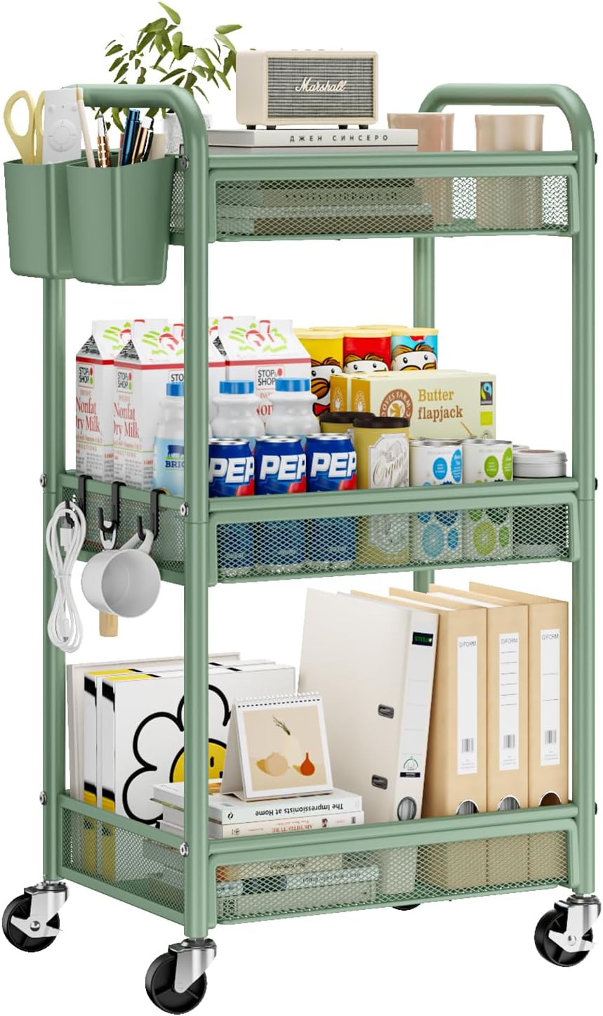 YASONIC 3 Tier Rolling Cart – Metal Utility Storage Cart with Wheels, Craft Carts Organizer with