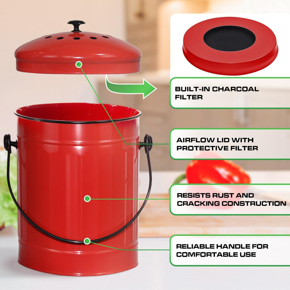 Plexon Countertop Compost Bin Kitchen with Lid, Red 1.5 Gallon Odorless Compost Container, Steel