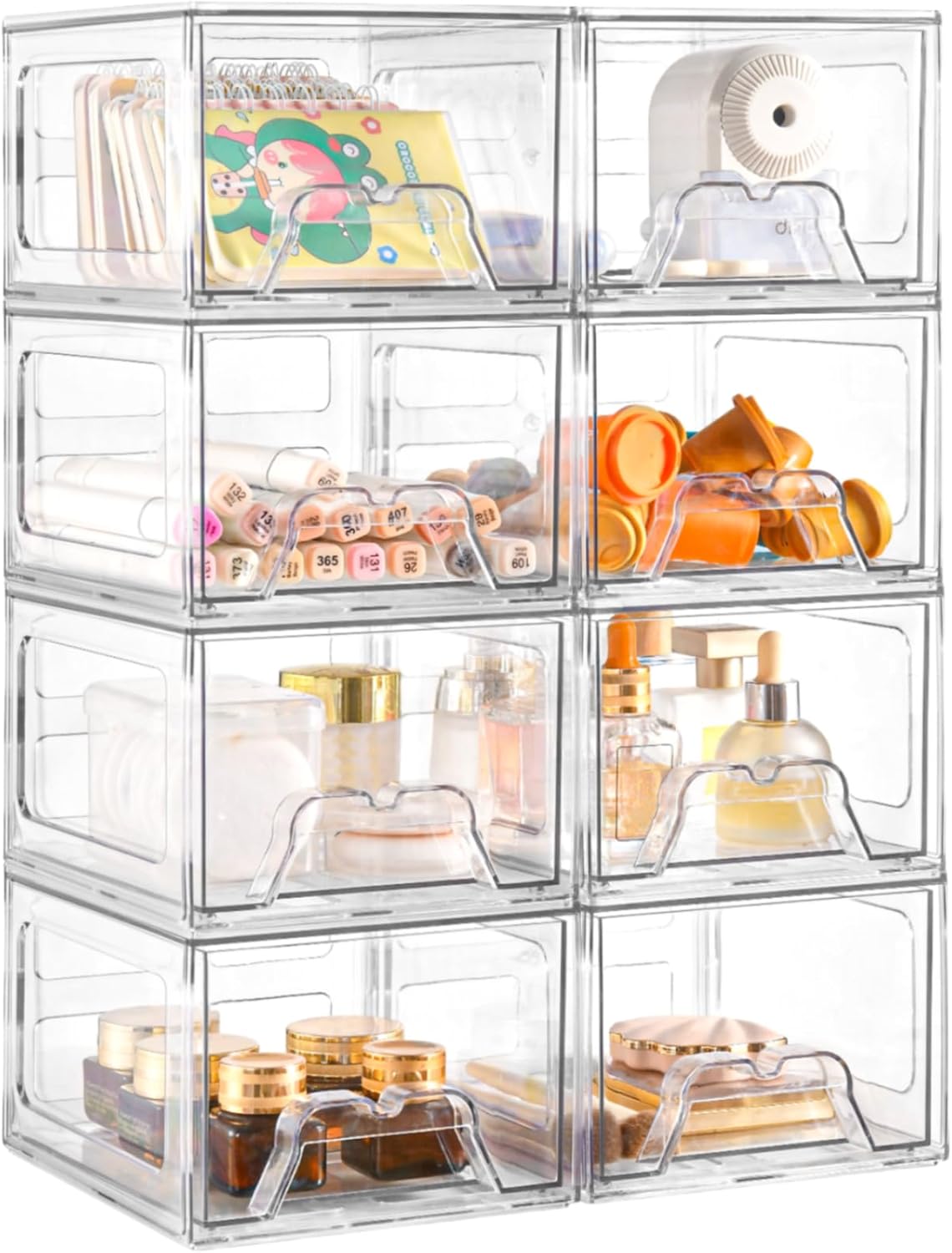 Plastic Drawers Storage, 8 Pack Clear Stackable Storage Drawers, Acrylic Storage Bins with Drawers