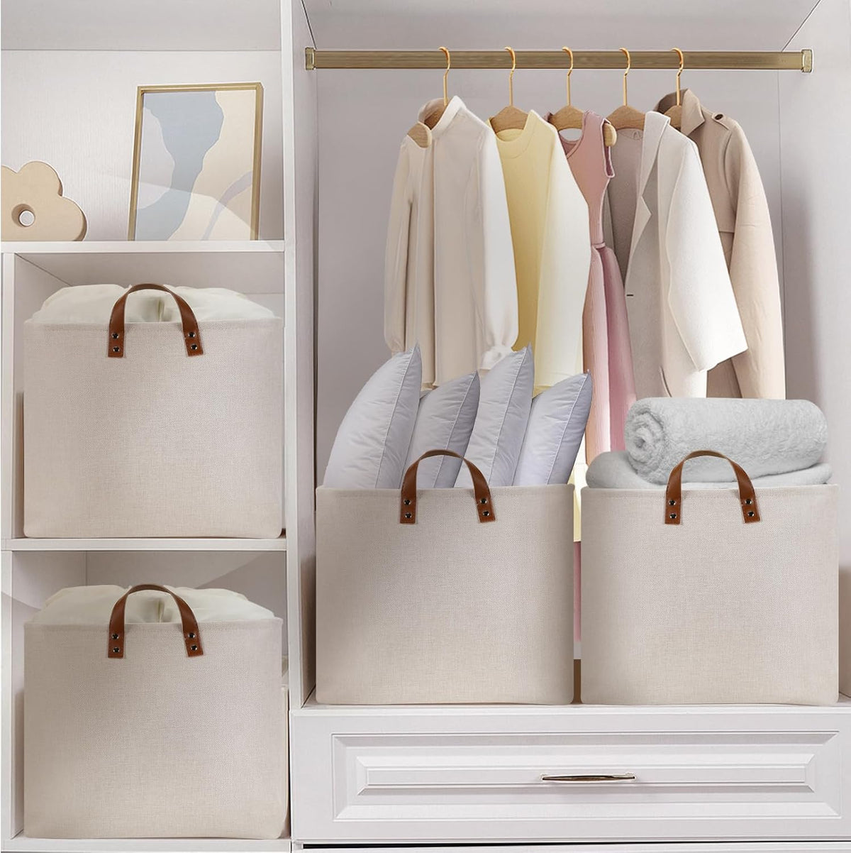 DULLEMELO Beige Storage Baskets for Organizing, Set of 2 Extra Large Canvas Fabric Storage Baskets