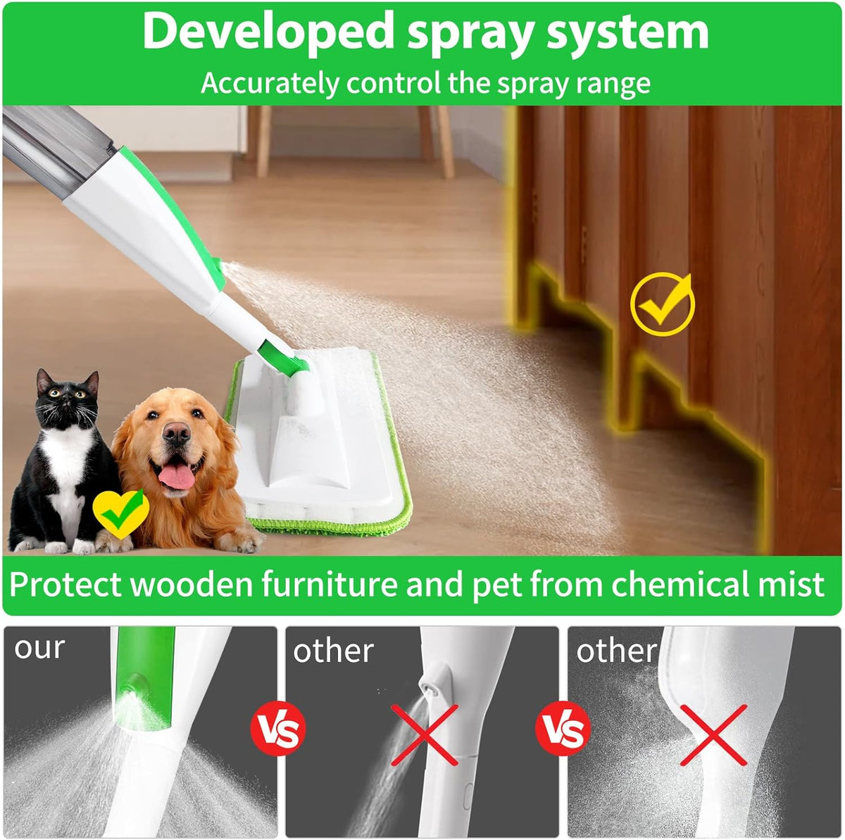 Mops for Floor Cleaning Wet Spray Mop with 14 oz Refillable Bottle and 3 Washable Microfiber Pads
