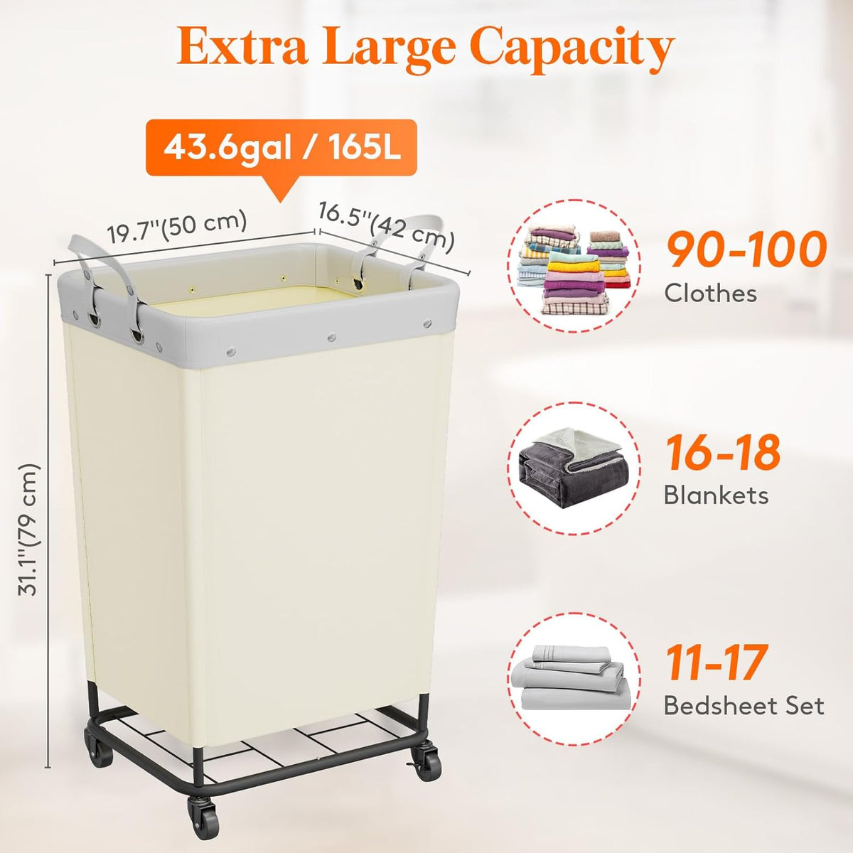 Lifewit 165L Laundry Basket with Wheels, Large Heavy Duty Commercial Rolling Laundry Hamper with