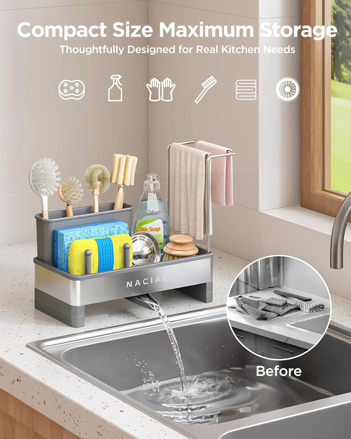 Nacial Sponge Holder for Kitchen Sink, Sink Caddy Organizer with High Brush Holder, Two Towel Racks