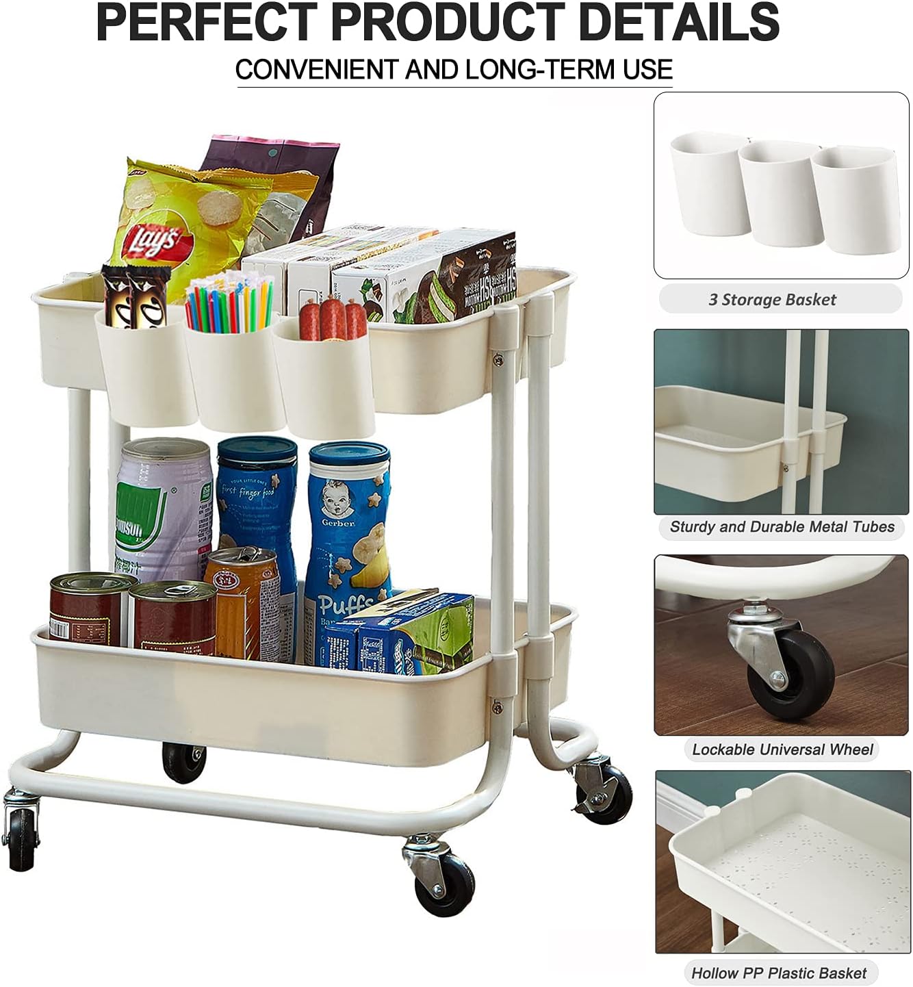 2-Tier Utility Rolling Cart Storage Sofa Side Table with Wheels, Mobile Trolley Organizer with for