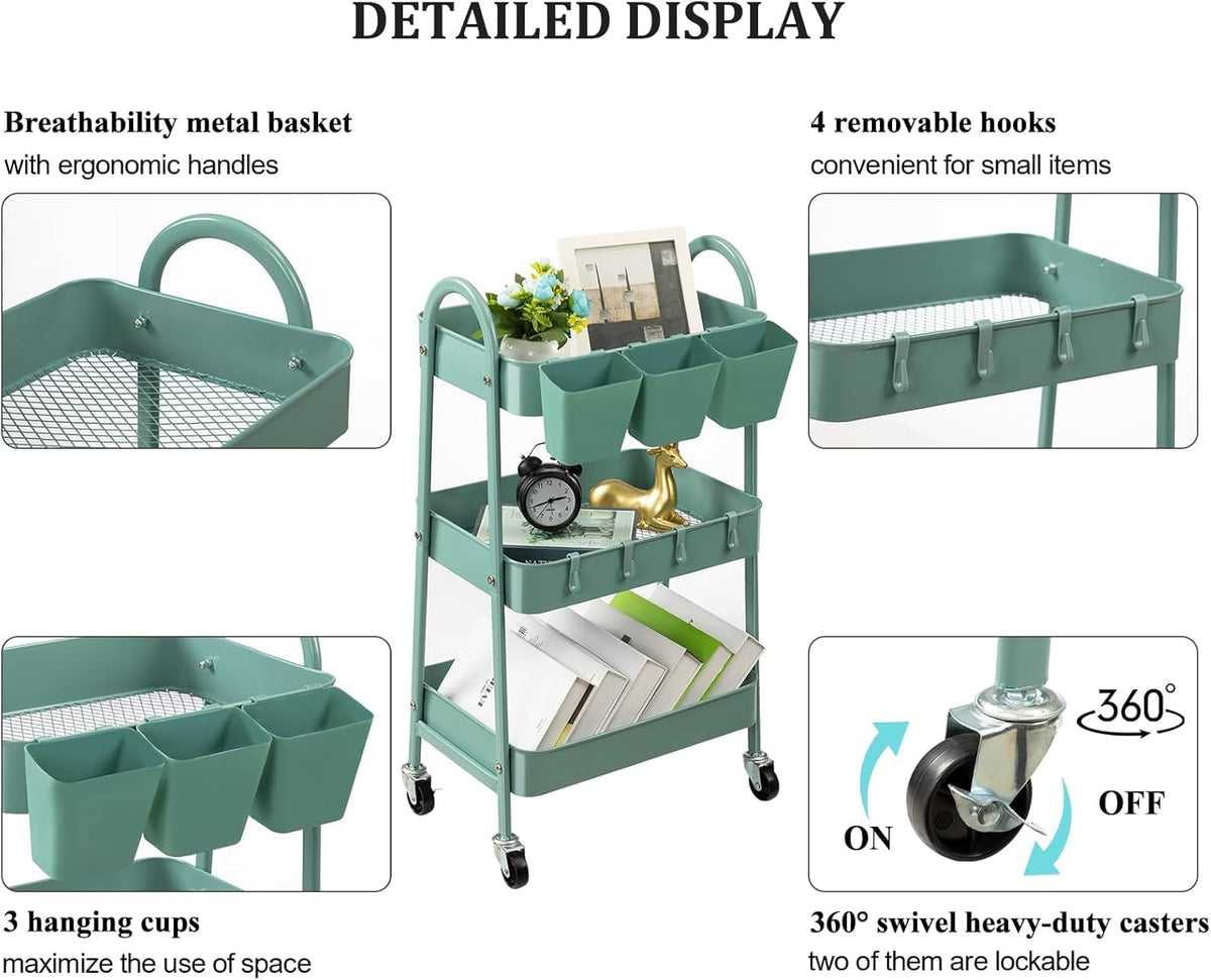 danpinera 3-Tier Rolling Cart, Metal Rolling Storage Cart with Lockable Wheels & Hanging Cups &