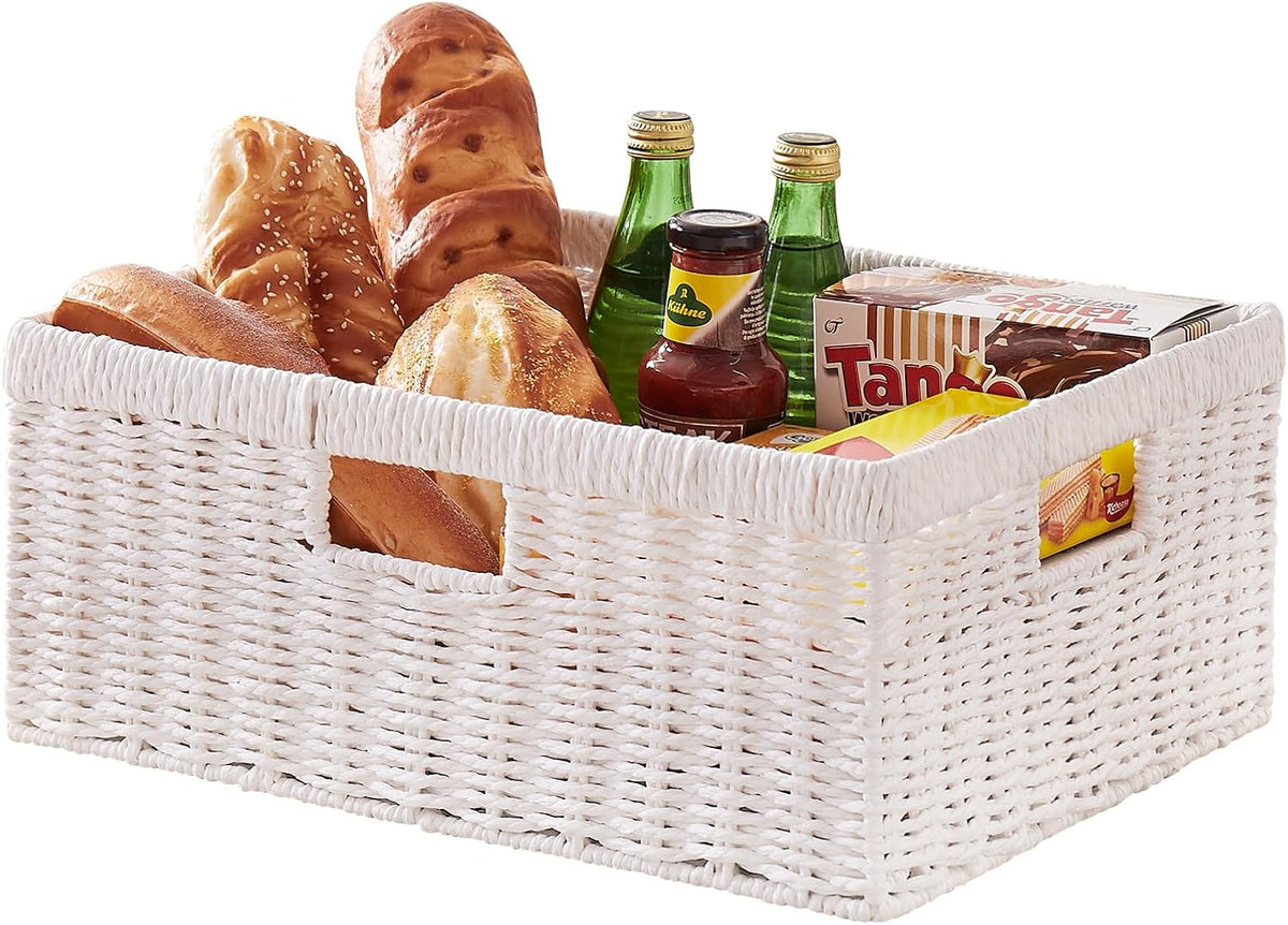 OIAHOMY Wicker Basket, Paper Shelf Basket with Built-in Handles, Rectangular Wicker Storage Bin for