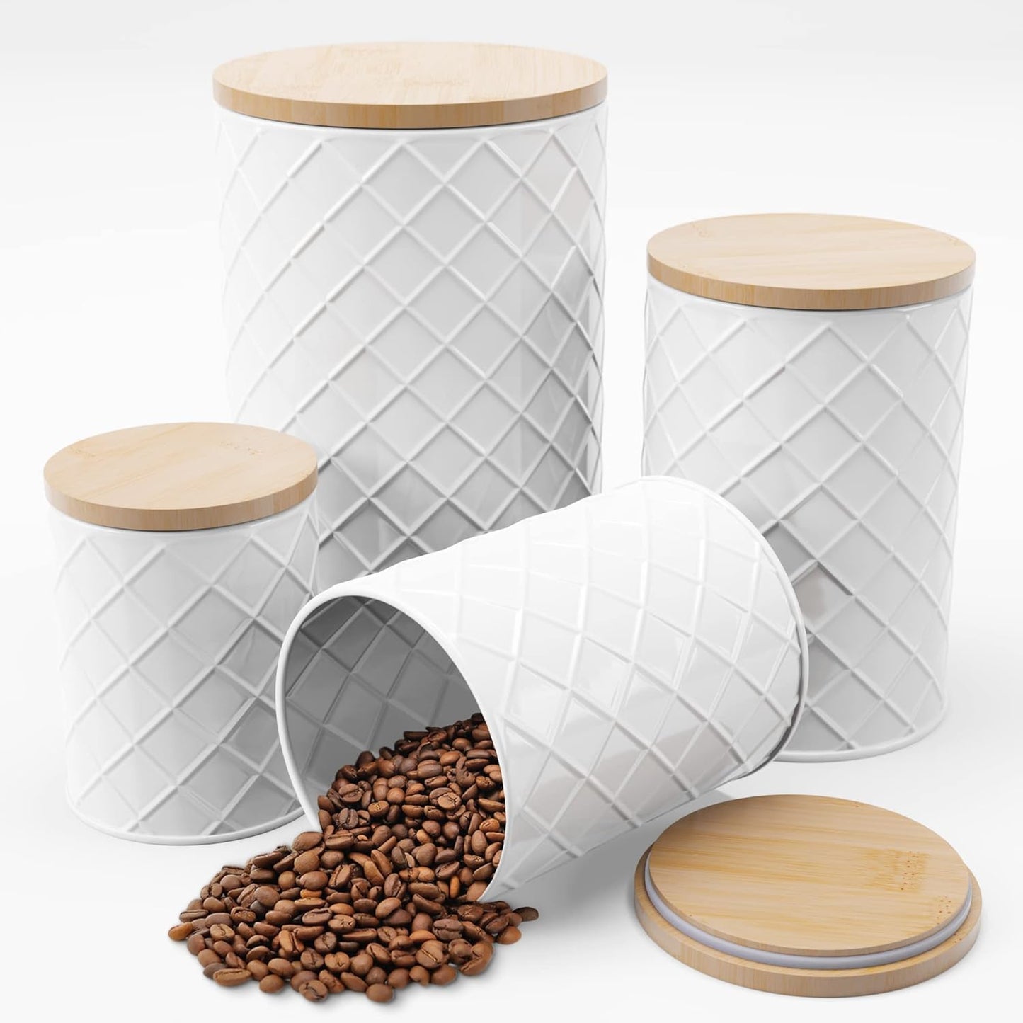 Pebble & Stem® White Metal Canister Set for the Kitchen Counter, Food Canister Set of 4, Airtight
