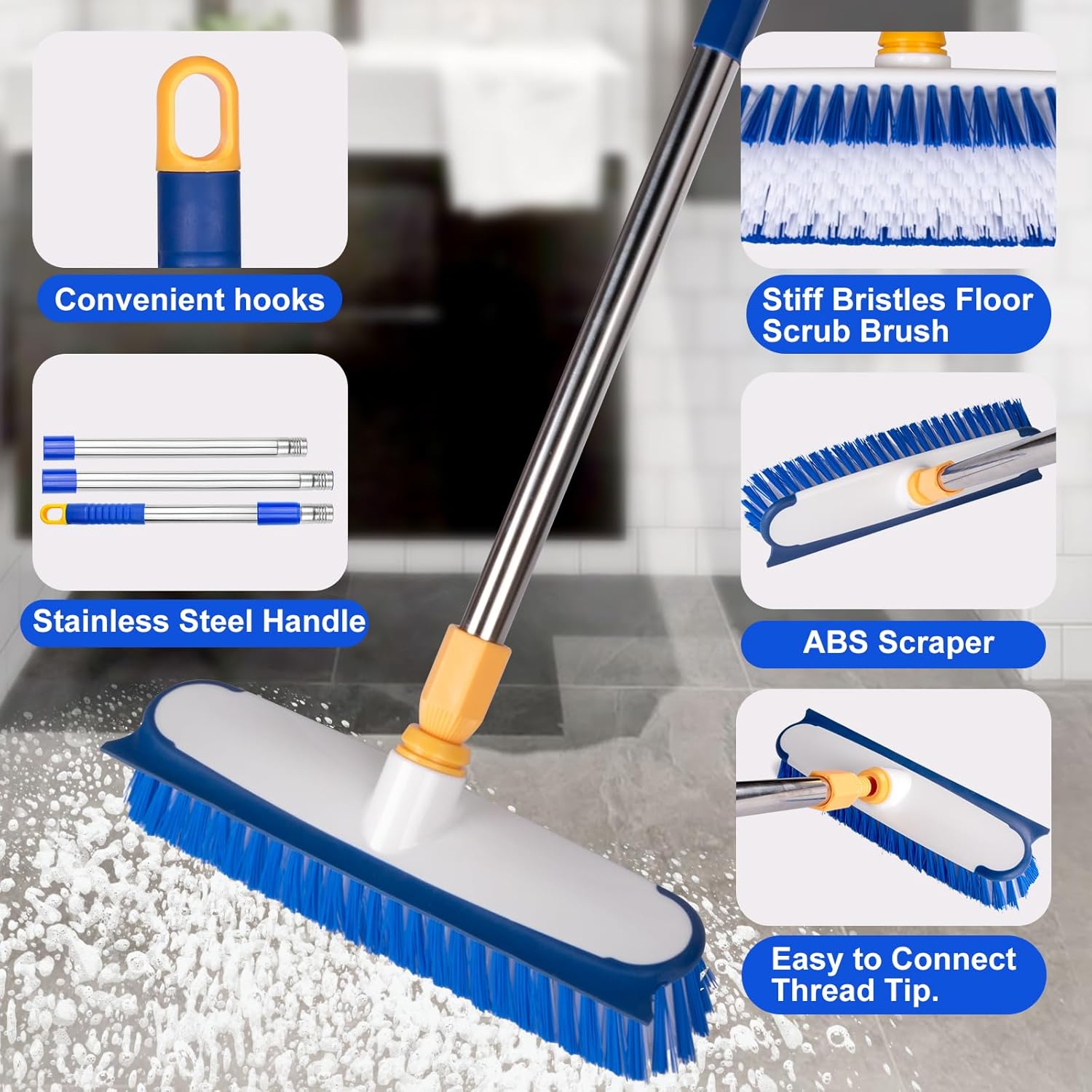 ITTAHO Floor Scrub Brush - 2 in 1 Deck Scrub Brush with Long Handle for Tile, Deck, Patio, Marble