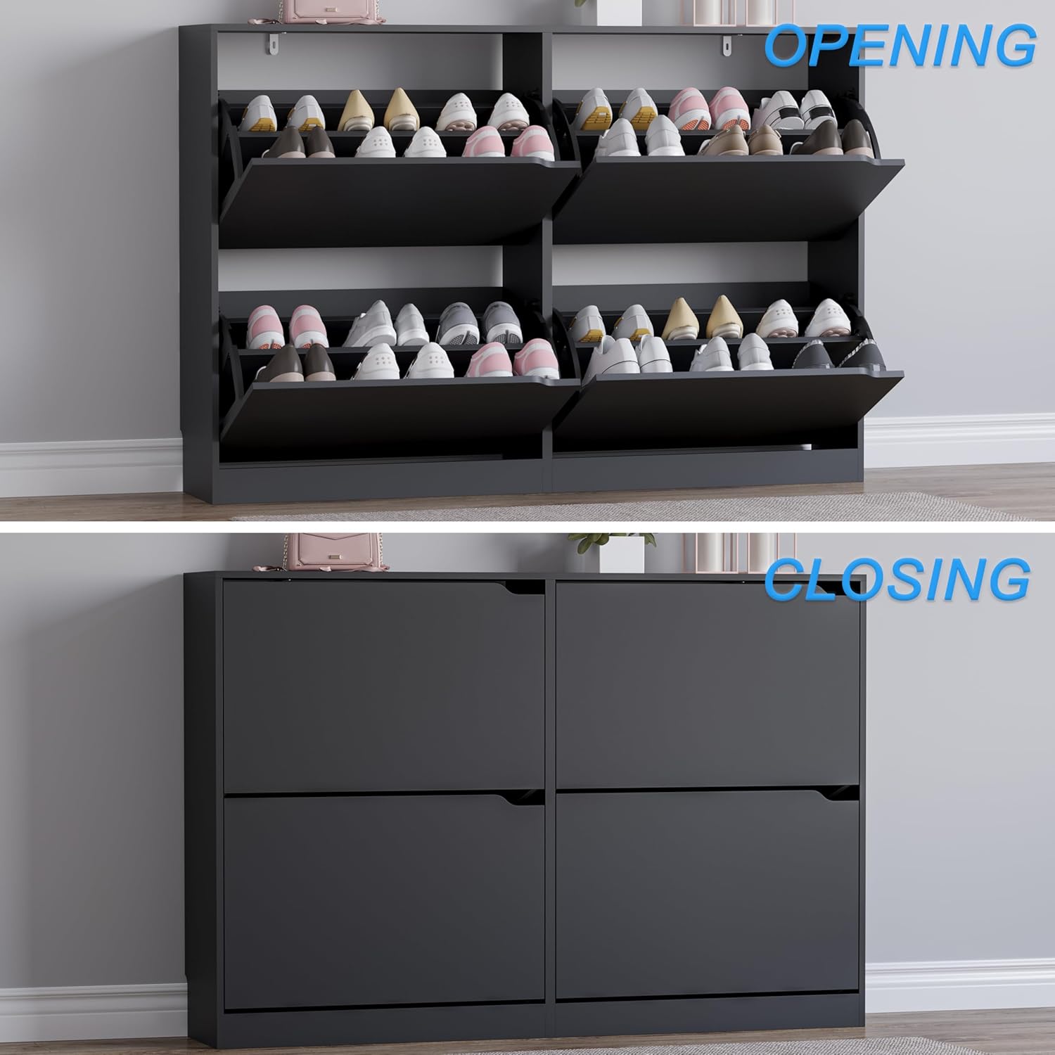 Shoe Cabinet with 4 Flip Drawers, Narrow Hidden Shoe Storage Cabinet, Slim Freestanding Shoe Rack