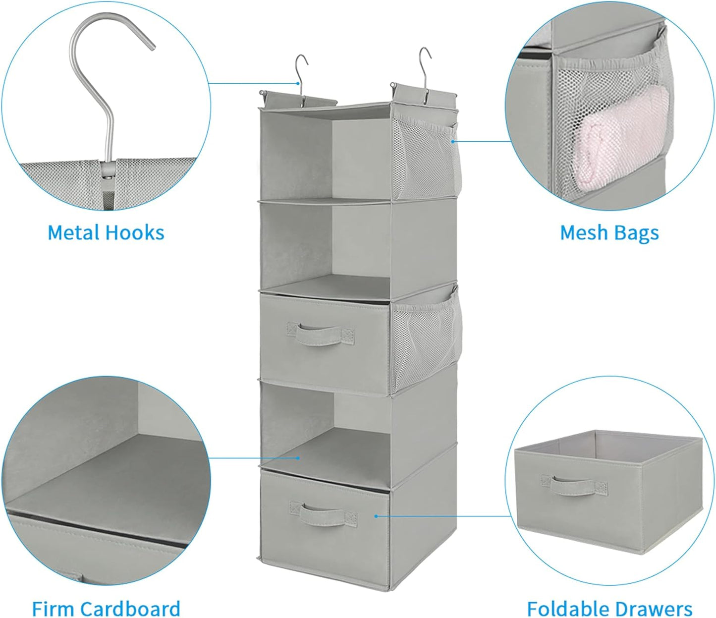MAX Houser 5 Tier Shelf Hanging Closet Organizer, Cloth Hanging Shelf with 2 Sturdy Hooks for