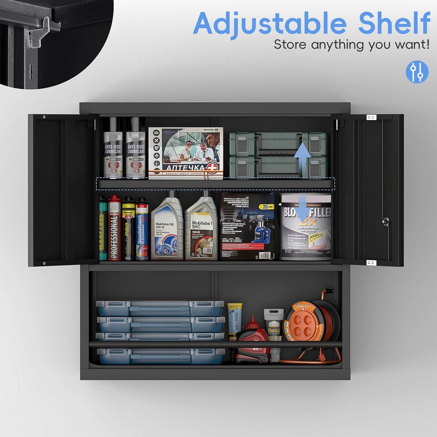 Locking Cabinet, Black Wall Storage Cabinet with Shelves, Hanging Cabinets with Open Storage, Small
