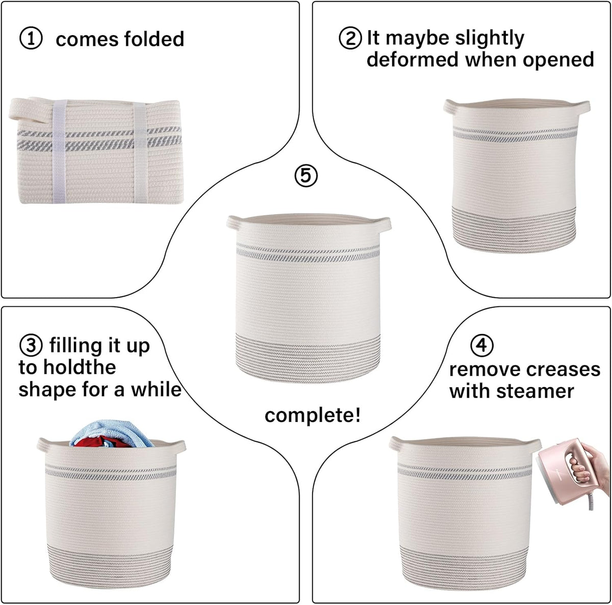 OIAHOMY 80L Laundry Basket, Laundry Hamper, Cotton Rope Storage Basket with Handles, Decorative