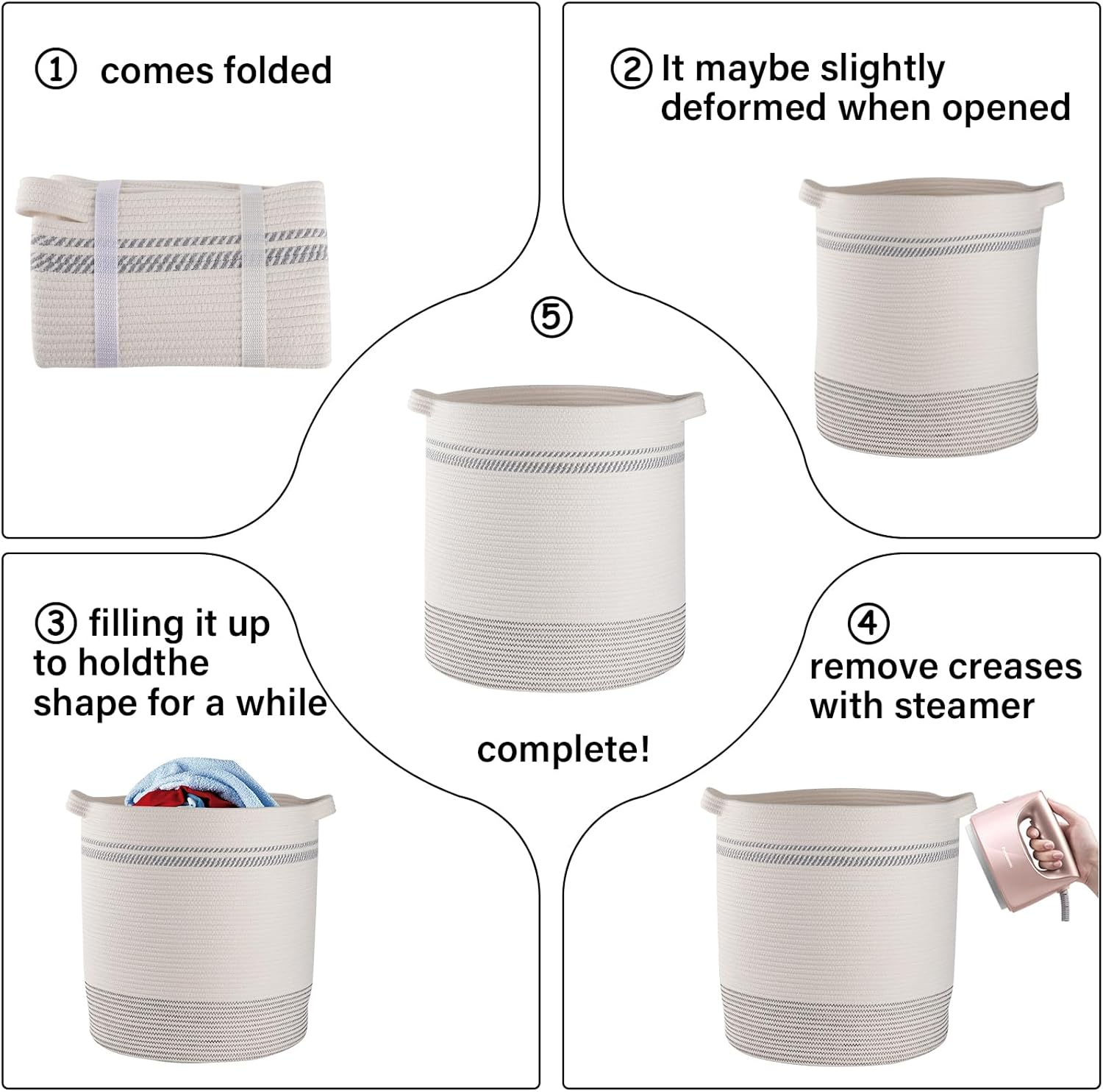 OIAHOMY 80L Laundry Basket, Laundry Hamper, Cotton Rope Storage Basket with Handles, Decorative