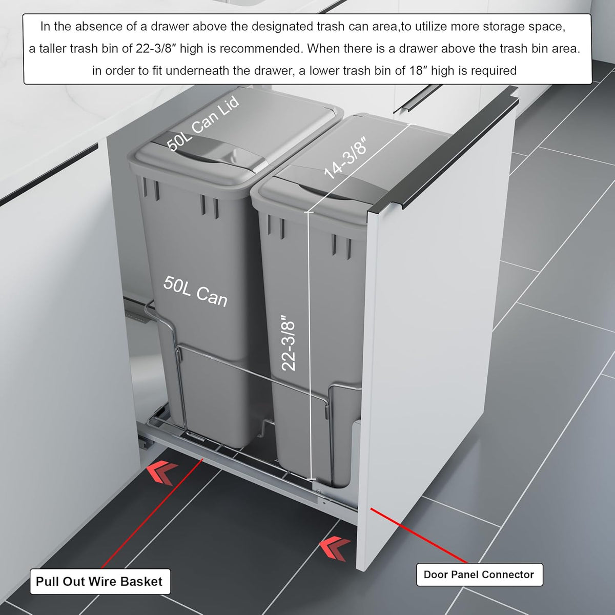 Dowell B18 Aluminum Base Wastebasket Pullout with Door Mount and Two 50Qt/13Gal Plastic Bins (4012