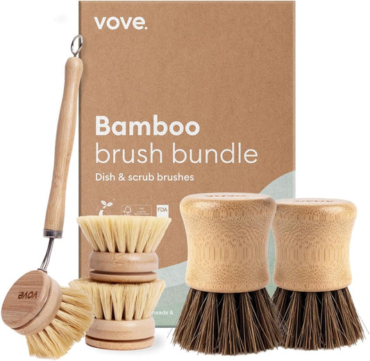 Vove Dish Brush Bundle - FSC-Certified Bamboo Dish Brush & Scrub Brush, 3 Replacement Heads