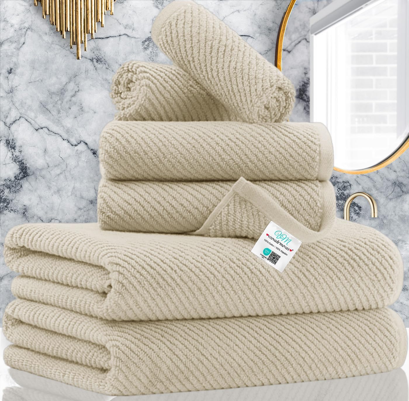 VOOVA & MOVAS Bath Towel Sets - 100% Cotton | Quick Dry | Light Weight | Thick | Soft, Beige Towels