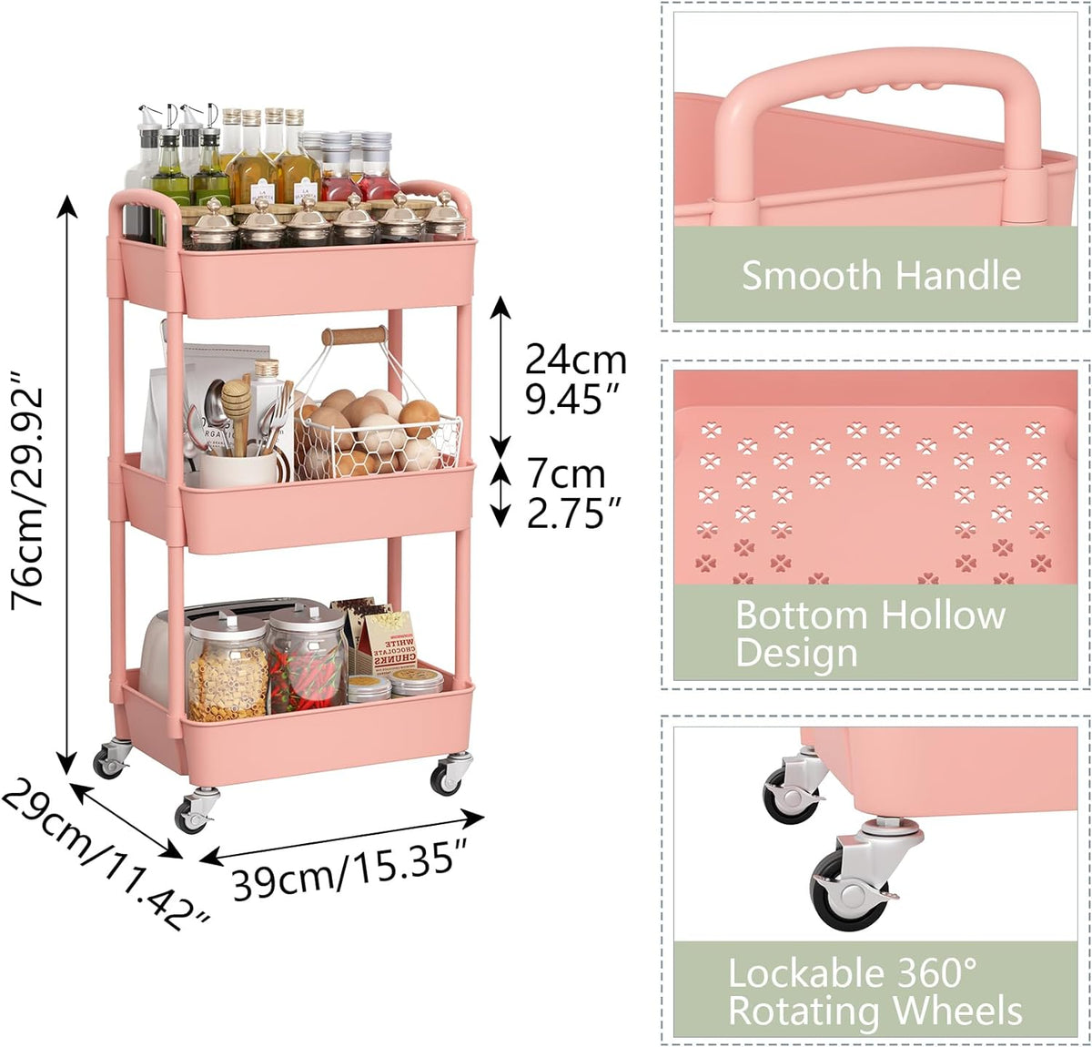 Sywhitta 3-Tier Plastic Rolling Utility Cart with Handle, Multi-Functional Storage Trolley for