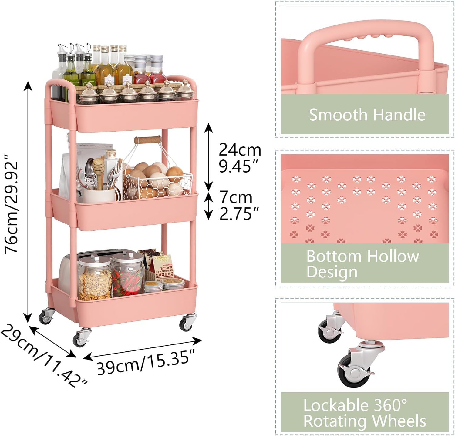 Sywhitta 3-Tier Plastic Rolling Utility Cart with Handle, Multi-Functional Storage Trolley for