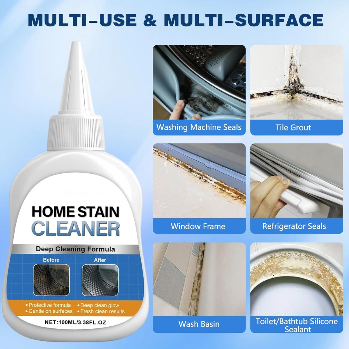 Mold stain removal gel cleaner, washing machine cleaner, washing machine, refrigerator seals, tile