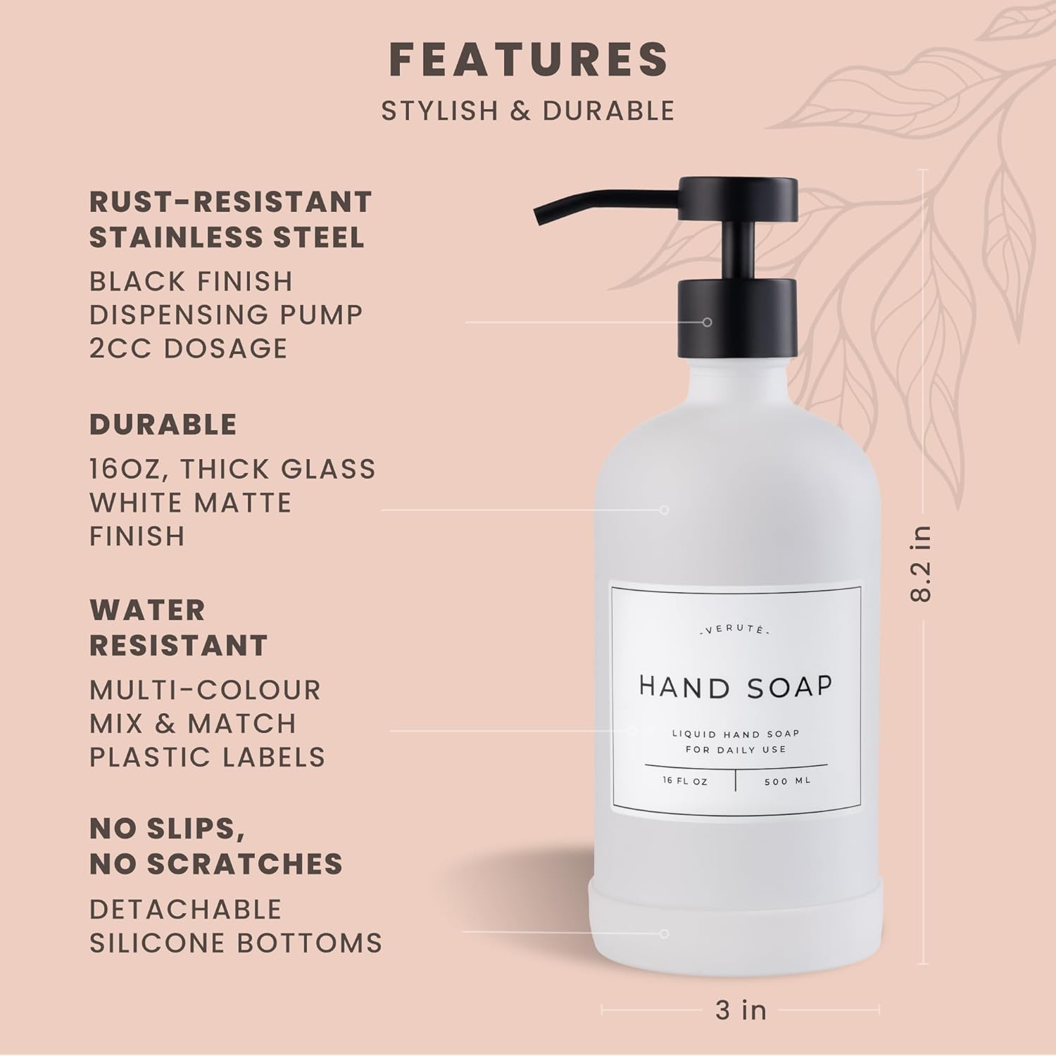 16oz Glass Soap Dispenser with Stainless Steel Pump, 21 Waterproof Labels, Non-Slip Protective