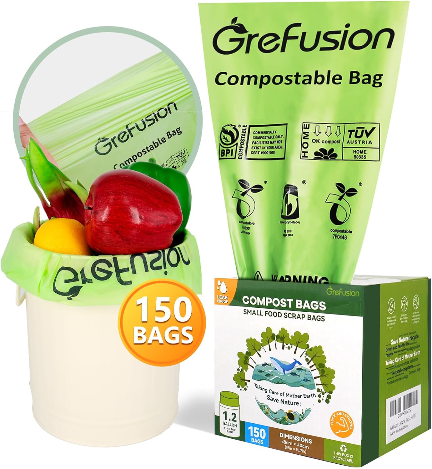 GreFusion Compostable Trash Bags for Kitchen Compost Bin 1.2 Gallon,150 Count,Compost Bags Small
