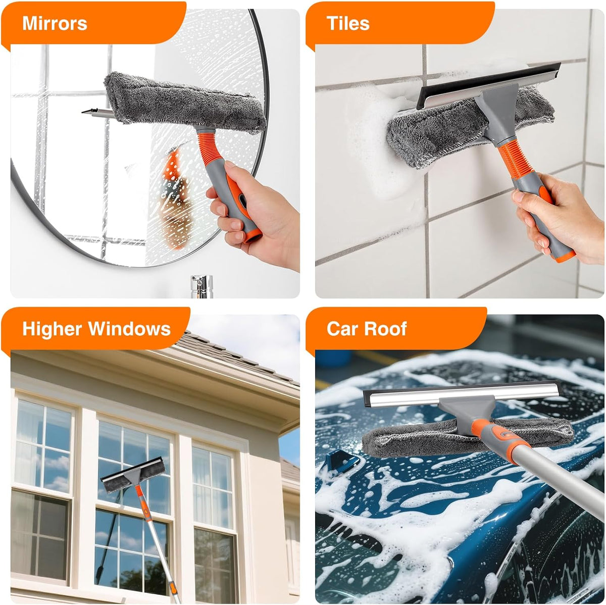 LOMIDA 2-in-1 Window Squeegee Cleaner with 62" Aluminum Extension Pole, Bendable Head for Extra