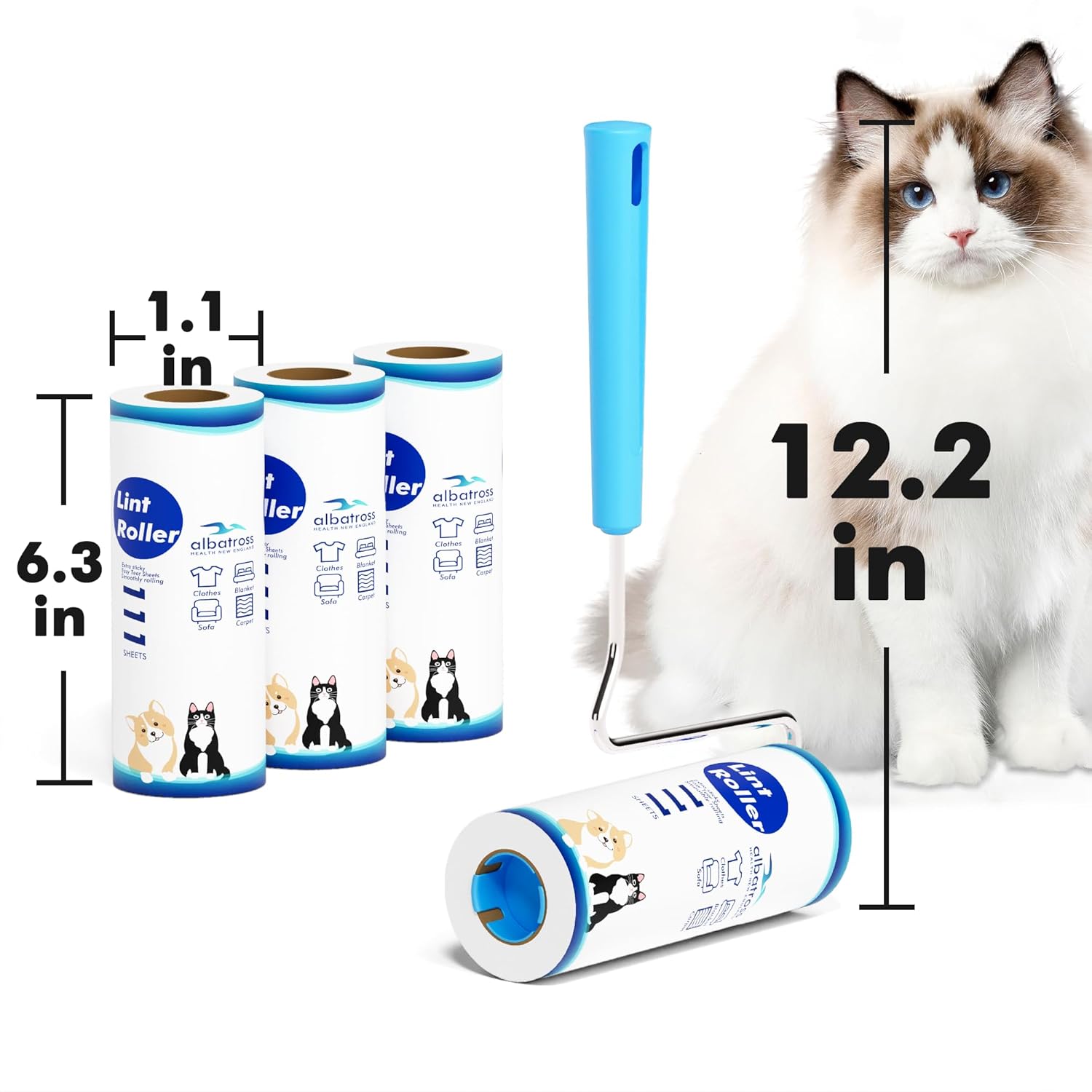 Large Surface Extra Sticky Lint Roller 6.3'', 444 Sheets Long Handle Pet Hair Removal, Dog and Cat