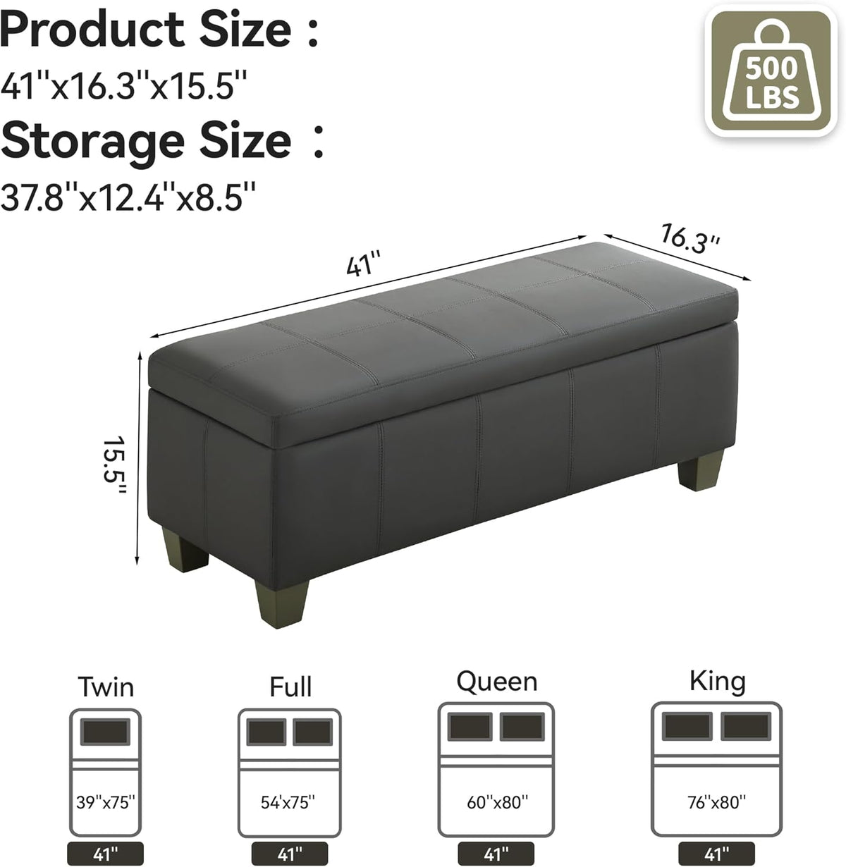 41" Faux Leather Storage Ottoman, Stitch Tufted Rectangle Upholstered End of Bed Storage Bench