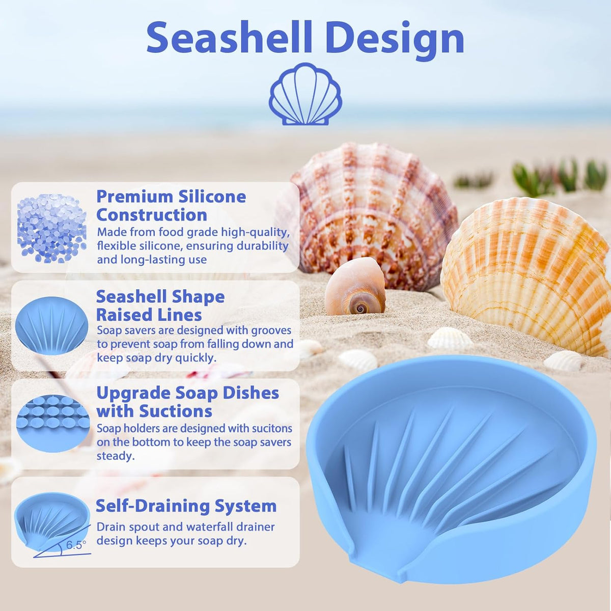 Self Draining Soap Dish, Silicone Suction Cup Soap Holder Tray Savers Container Sponge Holder for