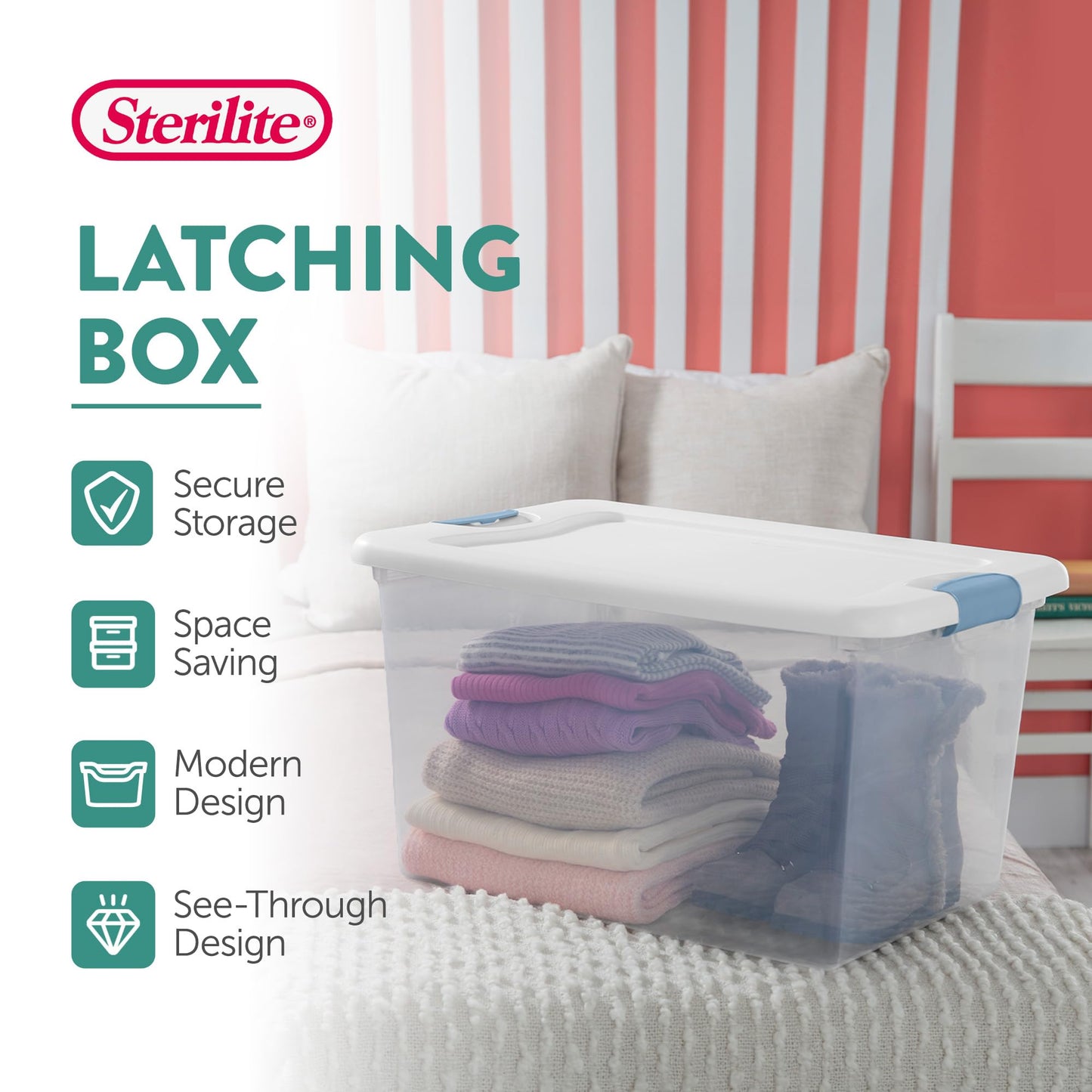 Sterilite Latching Box with Lids for Home and Office, 64 Quart, 4-Pack