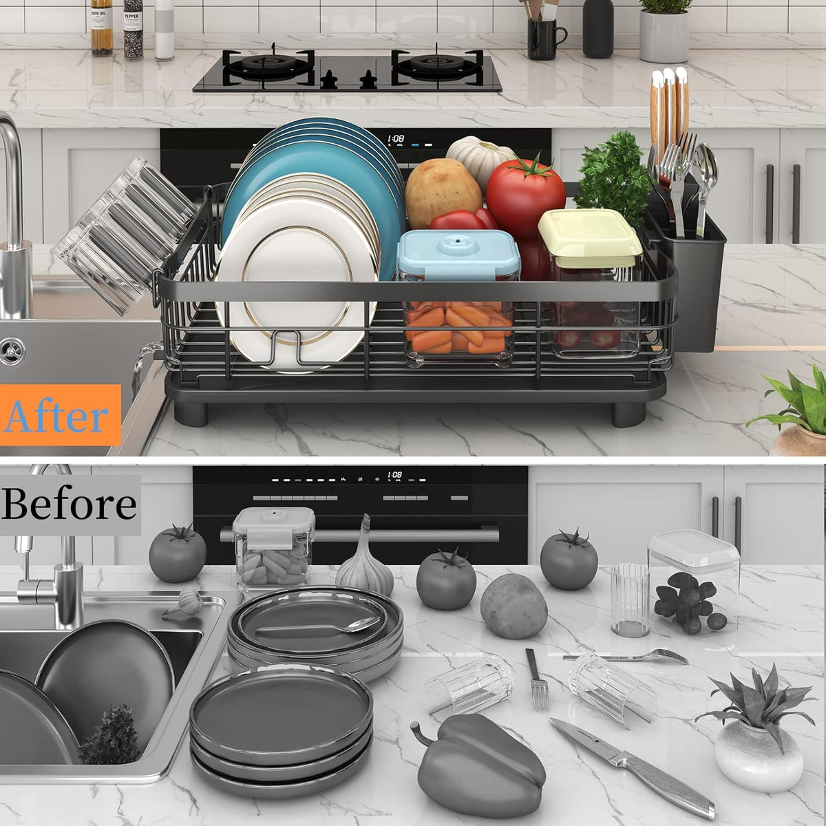 Godboat Dish Drying Rack, Dish Rack with Auto-Drain & Mat, Dish Drainers for Kitchen Counter, Glass
