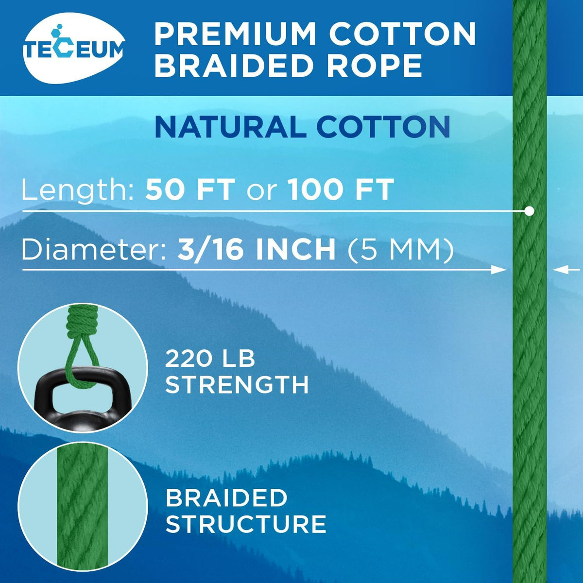 TECEUM Cotton Rope 3/16” (5 mm) – 100 FT – Strong All-Purpose Braided Rope – Natural Cotton – for
