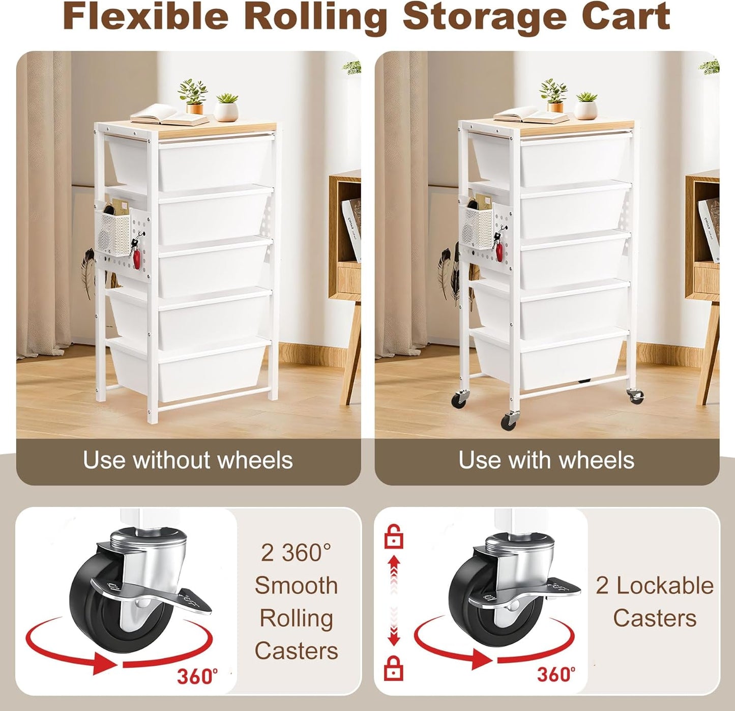 Rolling Cart with Drawers, Rolling Storage Cart with 5 Large Plastic Drawers & Wooden Tabletop