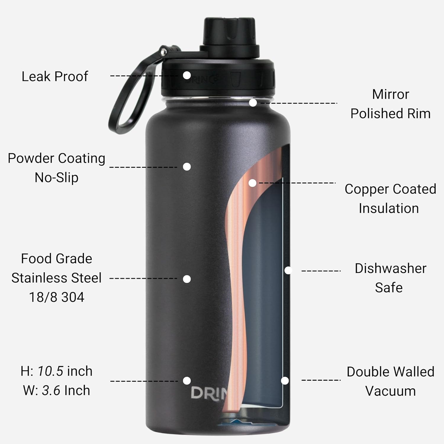 DRINCO Stainless Steel Water Bottle Spout Lid Vacuum Insulated Double Wall Water Bottle Wide Mouth