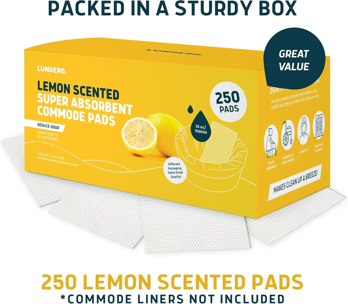 Lunderg Lemon Scented Super Absorbent Commode Pads - Medical Grade Value Pack 250 Count - for