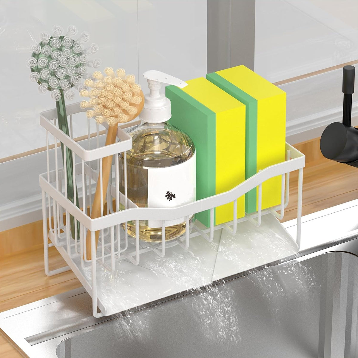 Maifan Sink Caddy Sponge Holder for Kitchen with Brush Holder and Stainless Steel Self Drain Tray