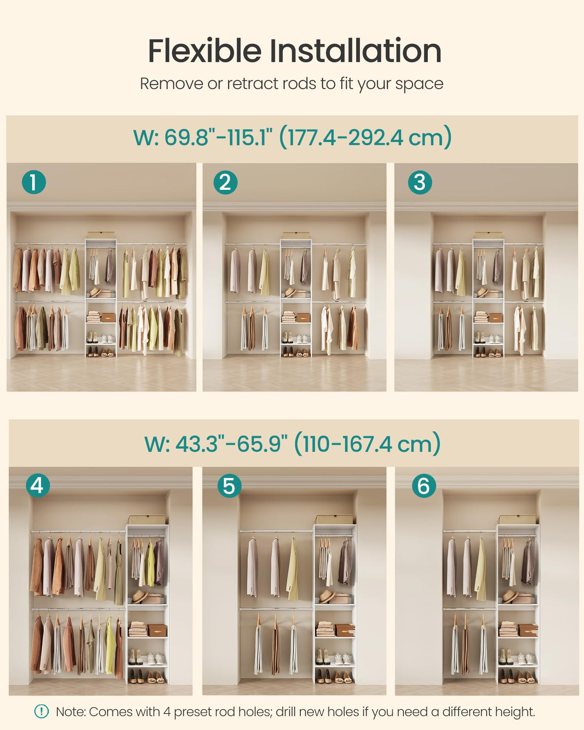 SONGMICS Closet System, Customizable Walk-In Closet Organizer System with Adjustable Hanging Rods