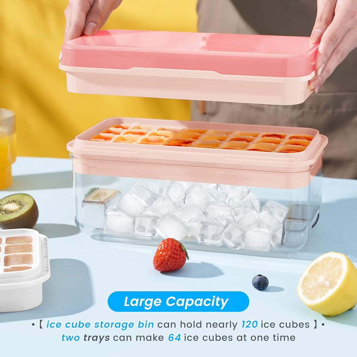 PHINOX Ice Cube Tray with Lid and Bin, Ice Trays for Freezer, Flexible Ice Cube Trays, Making 64