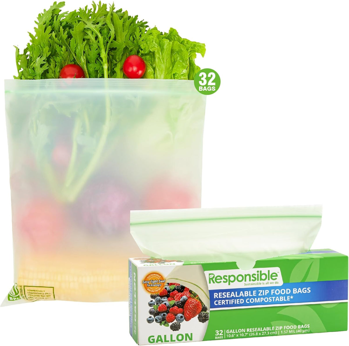 Responsible Products Certified Compostable Large GALLON Resealable Zip Bag, Extra Strength Food