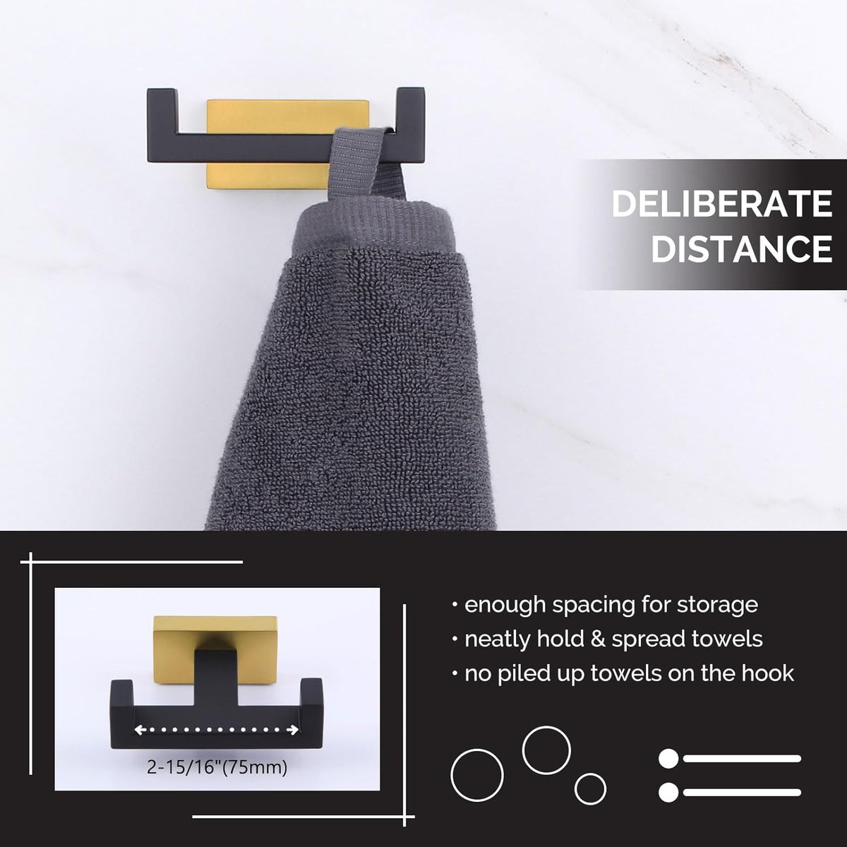 Angle Simple Towel Hook Black & Gold 2 PCS, Stainless Steel Double Hook for Bathroom, Square Robe
