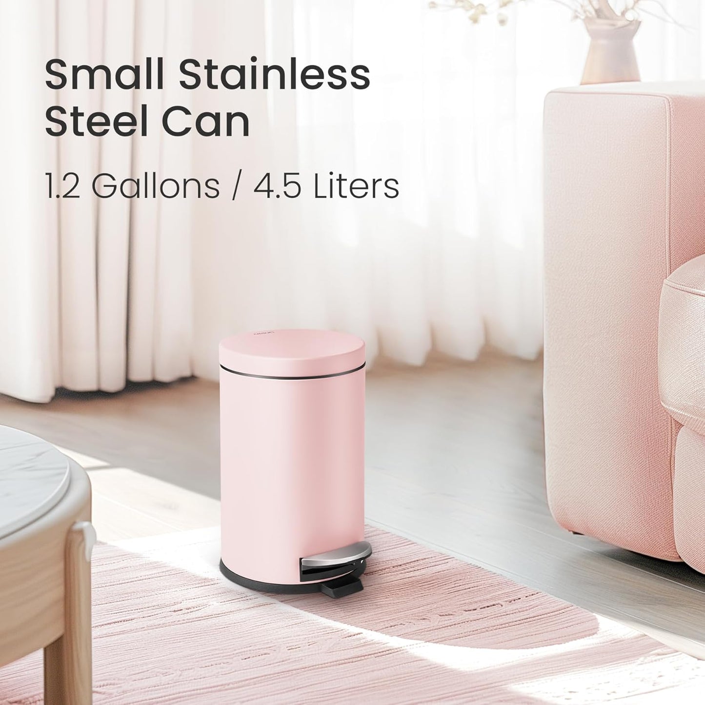 Cesun 1.2 Gallons Small Pink Trash Can, Bathroom Garbage Can with Lid and Foot Pedal, Mini Round